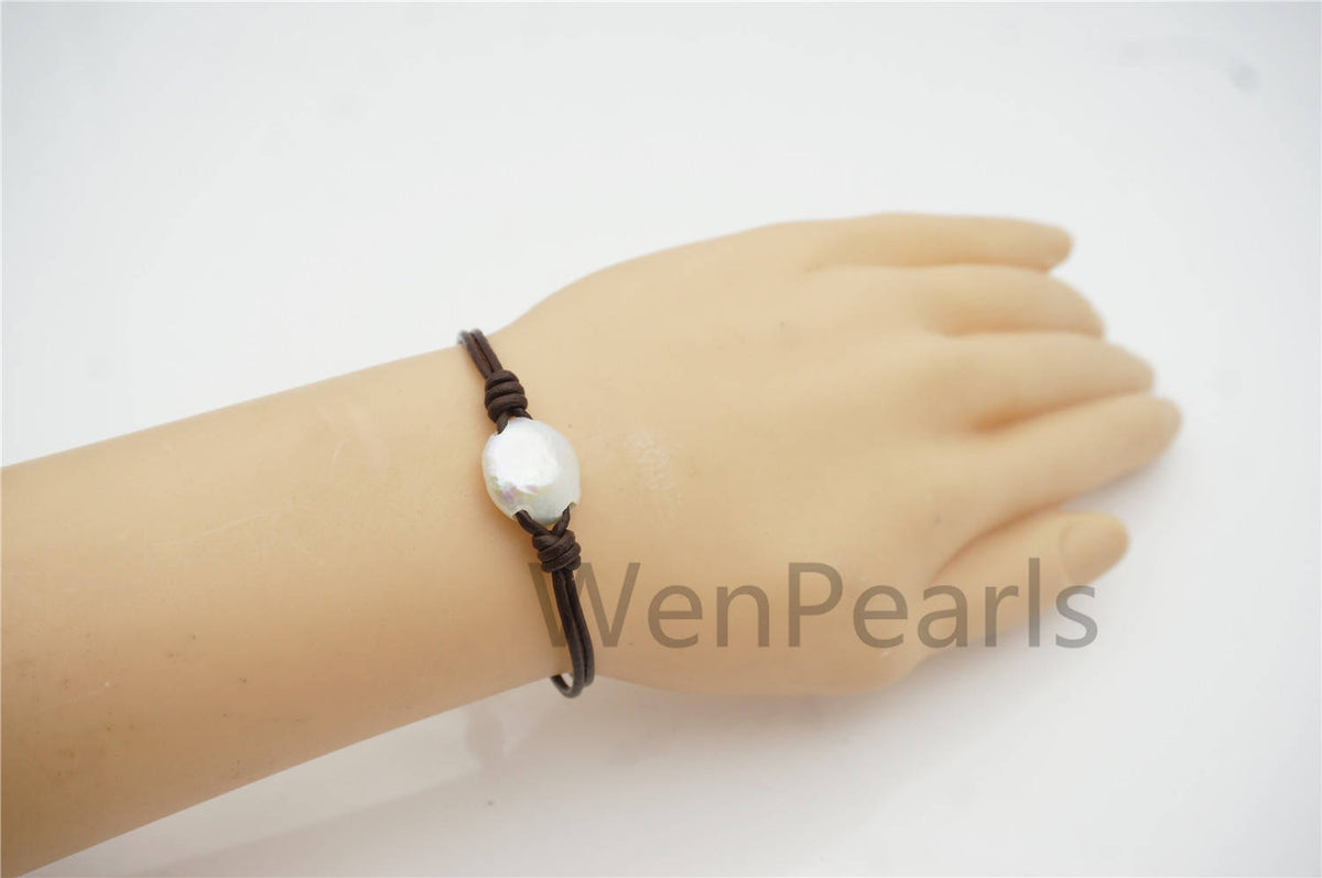 Big White Coin Pearl fashion jewelry,pearl Leather Pearls Bracelet - plait leather bracelet - Genuine freshwater pearl - Le7-136