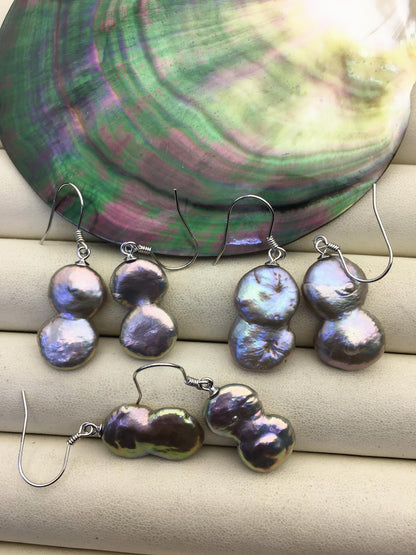 AA+ 12-13mm Gray Purple Coin Pearl Dangle Earrings- S925 silver pearl dangle earrings,SE3-T44