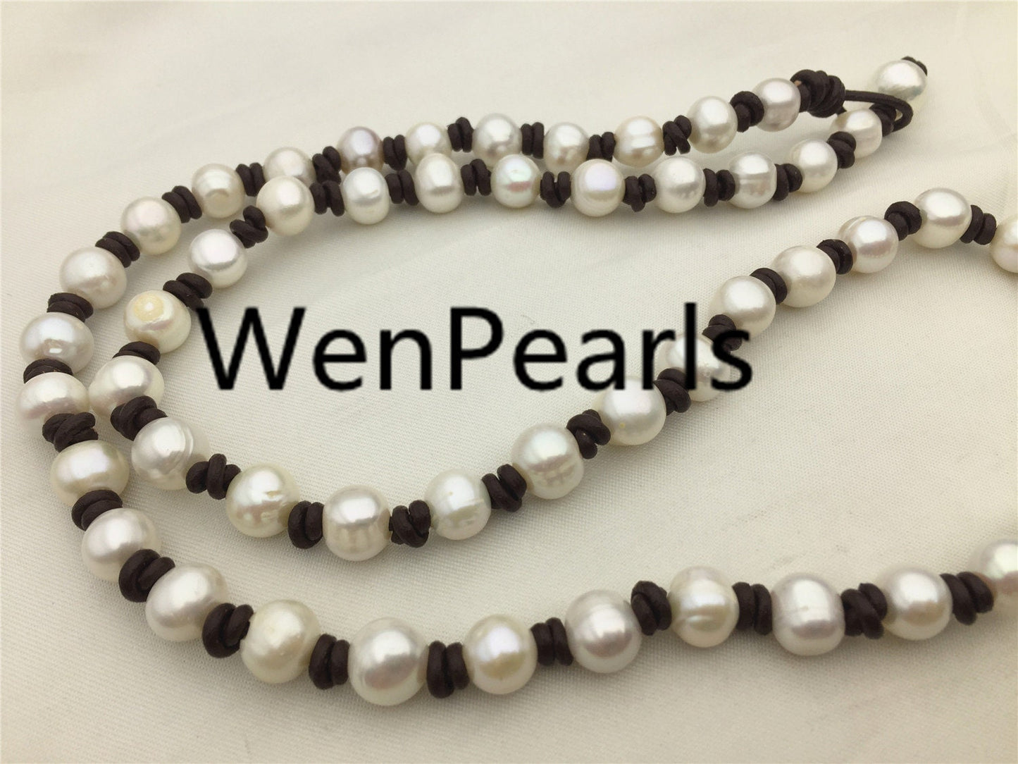 10mm Potato Pearl and leather necklace,Genuine Freshwater Pearl Necklace,white pearl necklace,wholesale,Le3-043