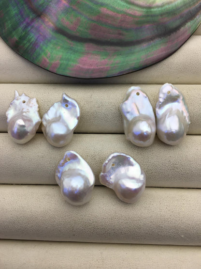 2 pairs AAA- 12-16mm White Flameball Pearl Pairs - large Baroque freshwater pearl pairs- 1.0 top side hole, FL15-3A-8-48