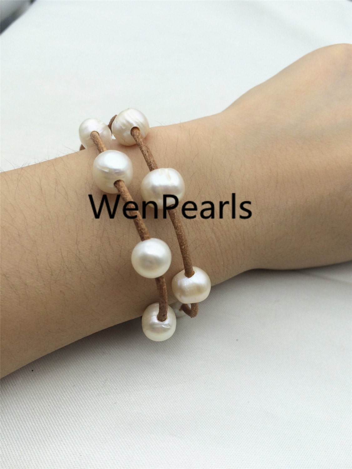 2 rows Leather Pearls Bracelet, Handmade Cuff,White Pearls on Brown Leather,Black leather bracelet,Le7-058