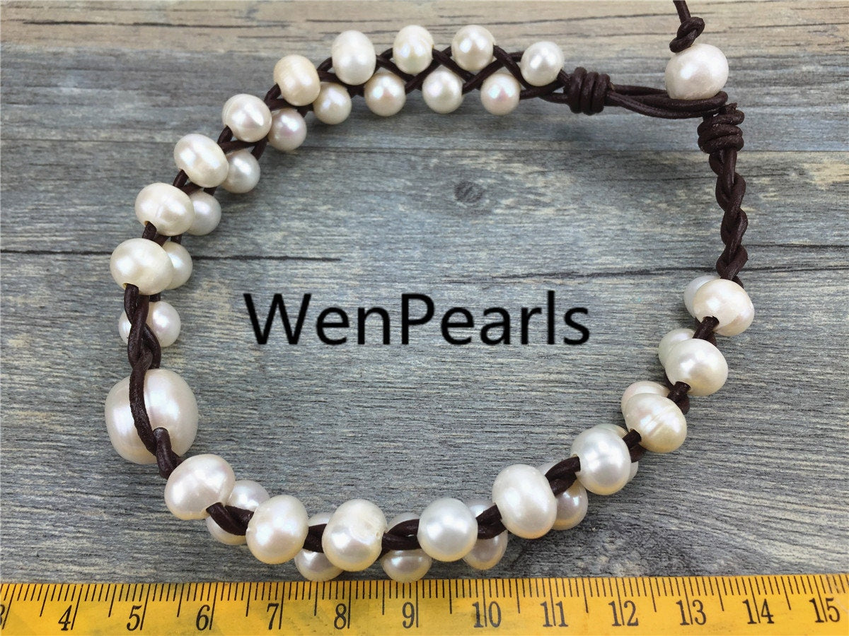 9-10mm leather pearl necklace,pearl leather bracelet,Freshwater pearl and leather necklace,Baroque pearl necklace,wholesale,Le1-063
