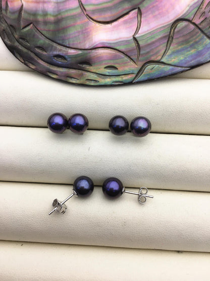 1 pair AAA 7-7.5mm Black Round Pearl Stud Earrings,Sterling Silver,Wedding,classic pearl studs,SE1-T50