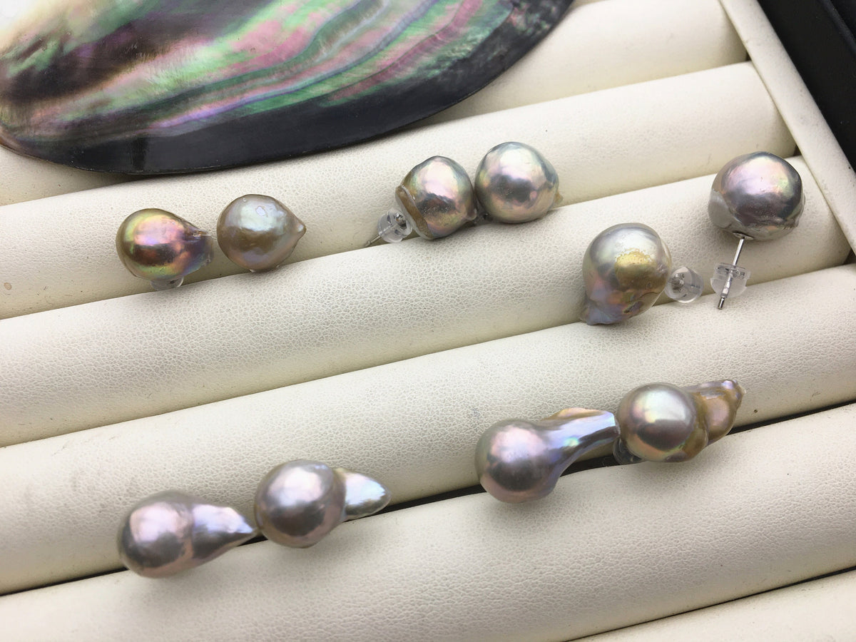 50% OFF,AA+ 11-13mm Gray Bronze flameball freshwater pearl stud earrings,sterling silver,earring with white baroque Natural Pearl,SE3-089
