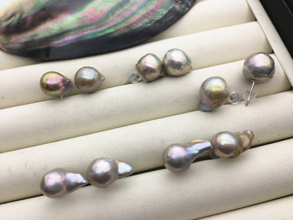 50% OFF,AA+ 11-13mm Gray Bronze flameball freshwater pearl stud earrings,sterling silver,earring with white baroque Natural Pearl,SE3-089