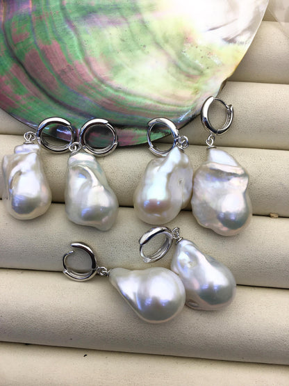 1 pair AAA 13-17mm white flame ball pearl hook earrings,sterling silver,earring with white baroque Natural Pearl,SE3-031-22