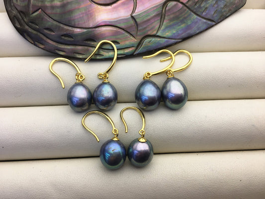 1 pair AA+ 9.5-10mm deep green blue rice pearl dangle earrings,yellow gold plated S925 Sterling Sliver pearl earrings,SE3-T45