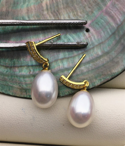 AAA 9mm White rice pearl cz stud earrings,zircon S925 Sterling Sliver pearl earrings,pearl for women for girl,SE3-047