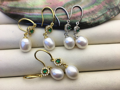 AAA 9mm White rice pearl cz stud earrings,zircon S925 Sterling Sliver pearl earrings,green stone earrings,SE3-002