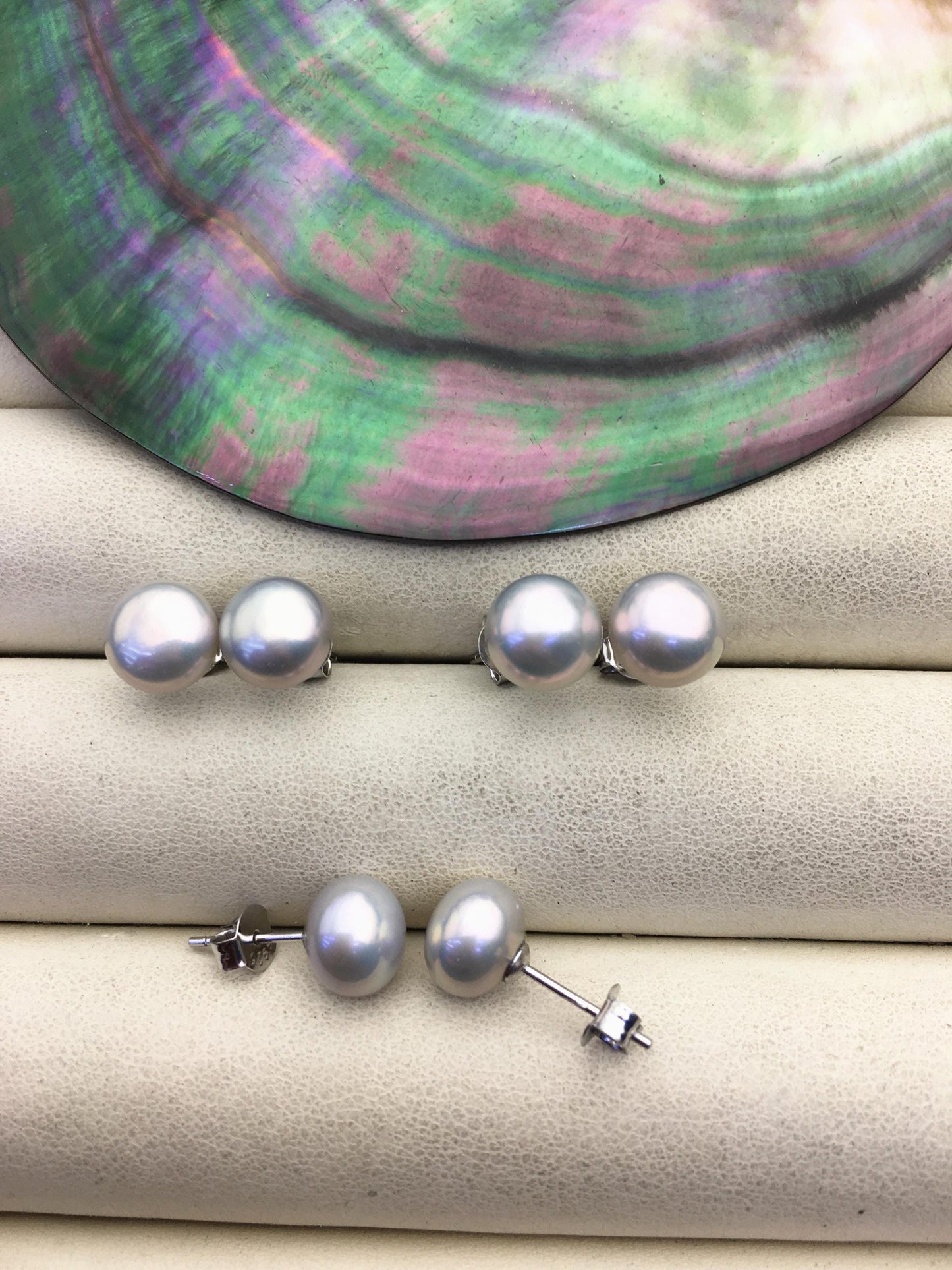 AAA 8-9mm gray rainbow pearl stud earrings,sterling silver stud earrings,SE1-T27