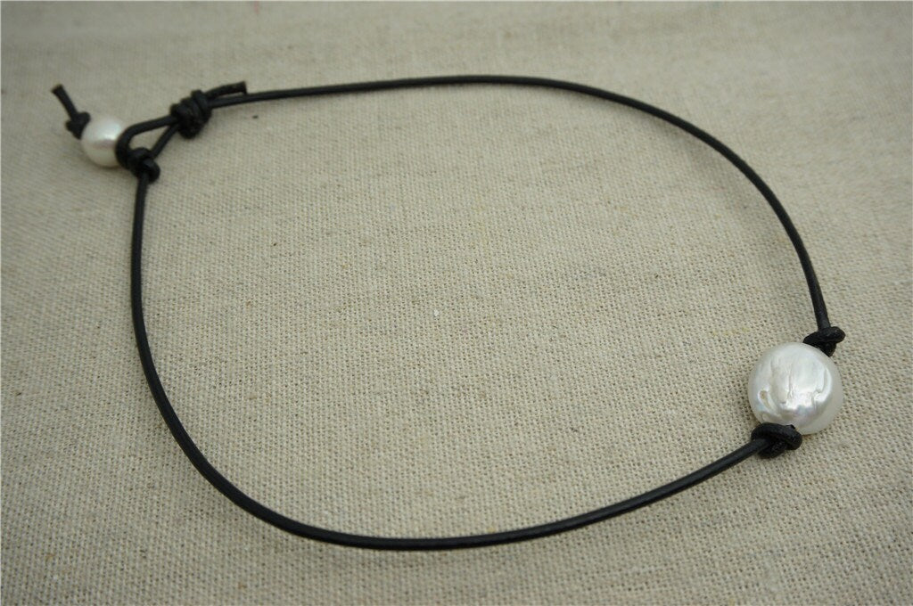 Big Coin pearl,12-14mm,Leather Pearl Choker, Pearl Leather Necklace, White Freshwater pearl,Black Leather Pearl necklace,Le1-066