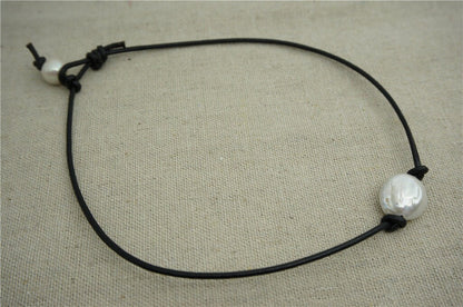 Big Coin pearl,12-14mm,Leather Pearl Choker, Pearl Leather Necklace, White Freshwater pearl,Black Leather Pearl necklace,Le1-066