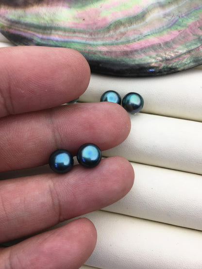AAA 7-8mm Green Button Round Pearl stud earrings,Sterling Silver,SE1-T23