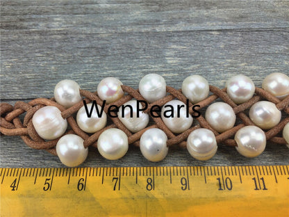 Three rows pearl bracelet,Leather Pearls Bracelet, Handmade Cuff,White Pearls on Brown Leather,Black leather bracelet,Le7-037