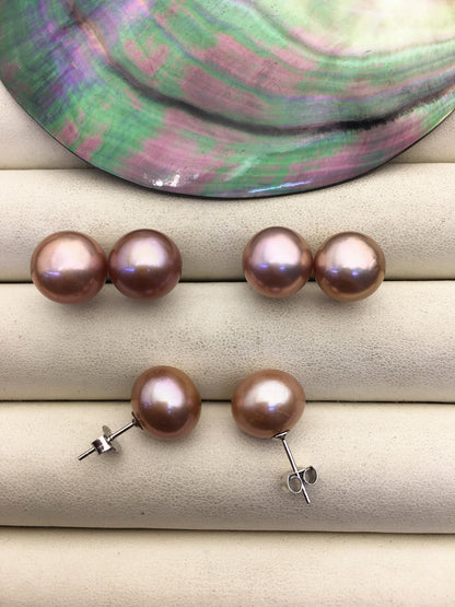 1 pair AAA 11-12mm purple button round edison pearl stud earrings,S925 Sterling Sliver stud earrings,SE3-T9-70
