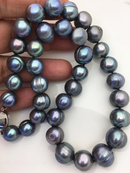18 inches 11.5-12.5mm big AA Black Deep Blue potato freshwater Pearl necklace,genuine freshwater Pearl necklace,NPN1-122-3