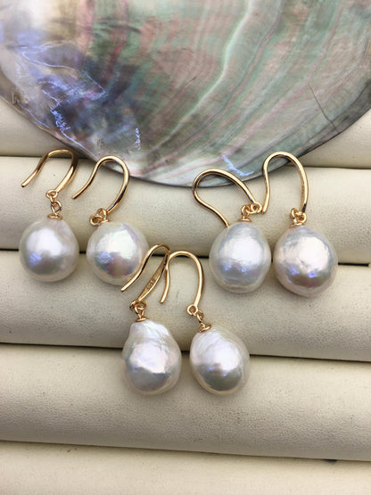 1 pair AAA 12-13mm white baroque drop edison pearl dangle earrings,925 Sliver plated with rose gold earrings,wedding earrings,SE3-T9-15