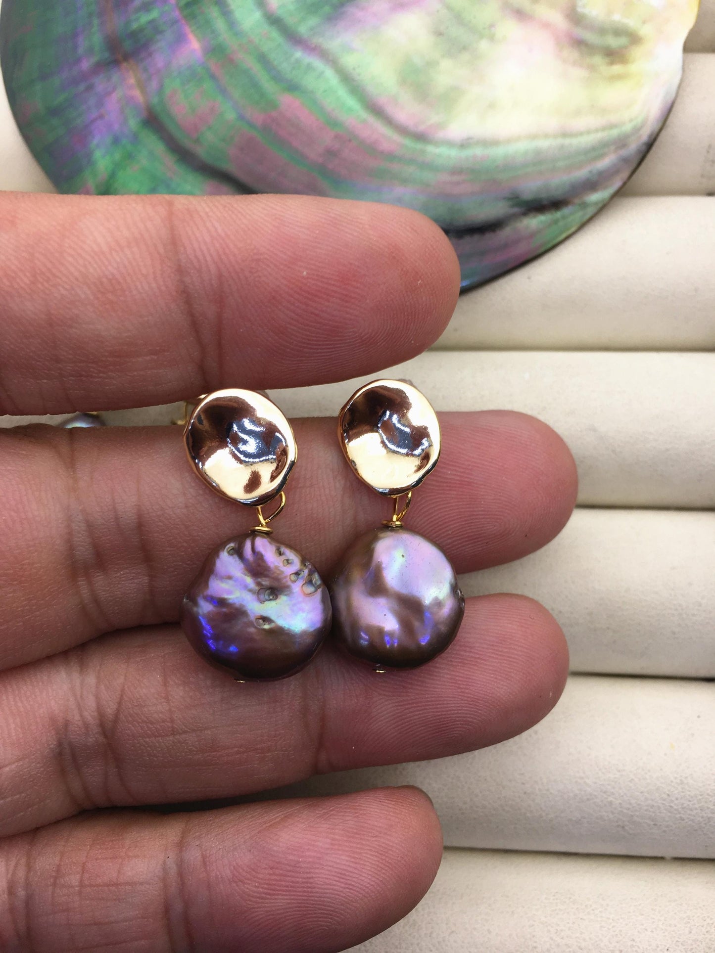 1 pair AA+ Natural Drop Coin freshwater pearl stud earrings,wedding pearl earrings,SE3-131-2