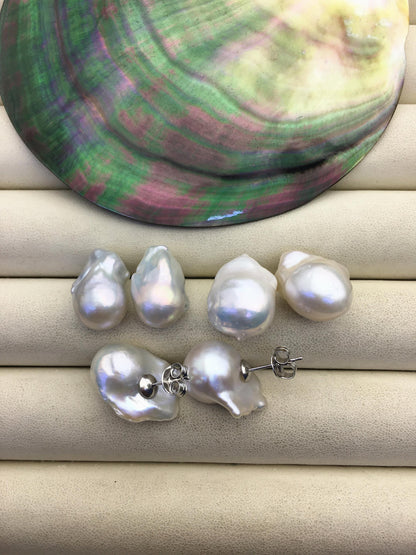 1 pair AAA 11-14mm small flame ball pearl stud earrings,sterling silver,earring with white baroque Natural Pearl,SE3-031-21