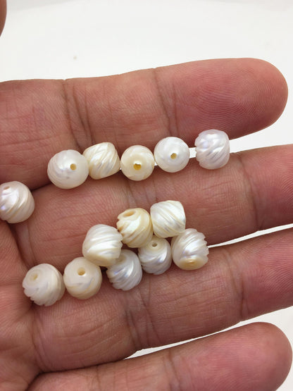 2pcs AAA 7-8mm white cylinder Carved Freshwater Pearl - through hole - CAC-T9