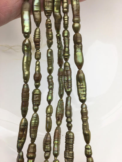 A 6-7mm green yellow toothpick Biwa Pearl Necklace,Genuine Fresh Water Pearl,Wedding Necklace,Mothers Day,ZS-80-10-14