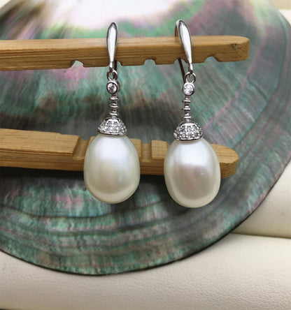 AAA 9mm White rice pearl cz dangle earrings,zircon S925 Sterling Sliver pearl earrings,earrings for women for girl,SE3-051