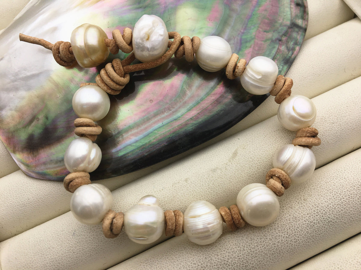 11mm white big pearl Tan leather HandMade bracelet,Leather Pearls Bracelet, Le21-002