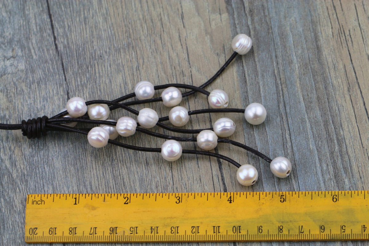 Button shape pearl necklace,Leather Pearl Necklace,Pearl Leather Necklace,White Freshwater pearl,Tan color Leather necklace,Le2-074