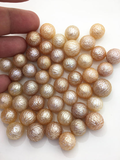 Shine!1pc AA+ 11-13mm Peach Pink Near Round Carved Freshwater Pearl - no hole - Hand Carved - CAC-FLW-8-2