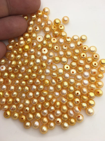 30pcs AAA 5.5-6mm yellow button round freshwater pearl,0.9mm half hole,BTN5-T5