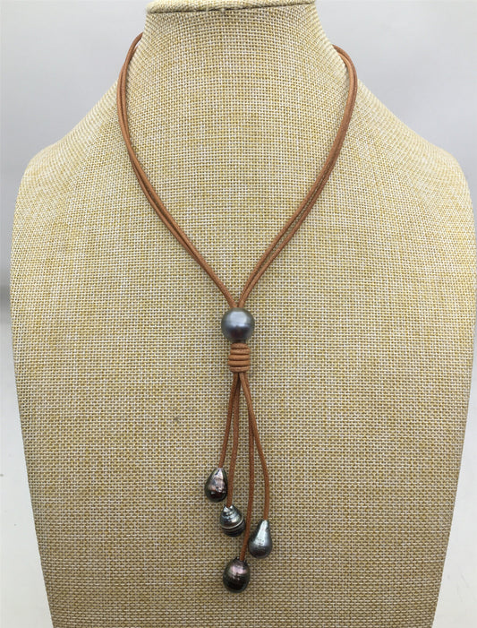 4 pearls real tahitian drop leather Necklace,black,brown Leather color Pearl necklace, Leather pearl necklace,Le11-027