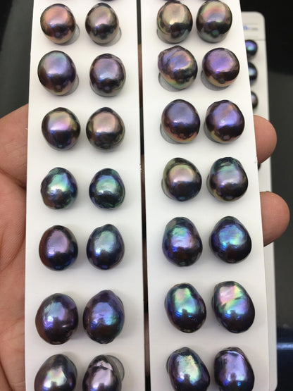10pairs AAA 11-12mm Black Blue Rainbow baroque drop edison freshwater pearl Pair,top half hole,ED11-3A-2-24