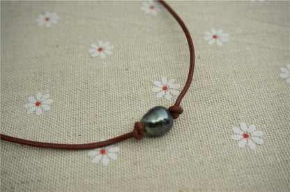 10-12mm Tahitian hand rolled and knotted leather necklace, men or women choker, Black Leather Pearl necklace, BROWN,LIGHT BROWN,Le11-009