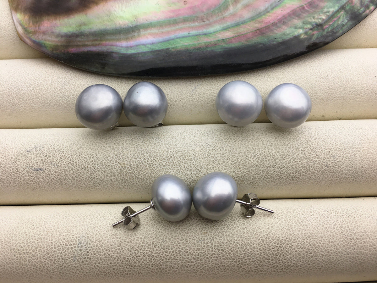 AAA 11-12mm big Silver gray button round Pearl Stud Earrings,freshwater pearl earrings,Wedding,classic pearl studs,SE1-069-13