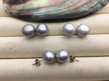 AAA 11-12mm big Silver gray button round Pearl Stud Earrings,freshwater pearl earrings,Wedding,classic pearl studs,SE1-069-13