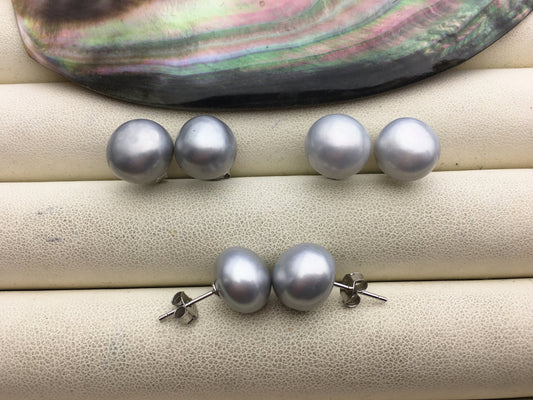 AAA 11-12mm big Silver gray button round Pearl Stud Earrings,freshwater pearl earrings,Wedding,classic pearl studs,SE1-069-13