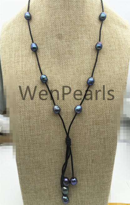 Malachite Green Freshwater Pearl and Leather Lariat Necklace, Light Brown Leather Pearl necklace,Tan Leather Rice pearl necklace,Le4-014