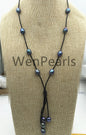 Malachite Green Freshwater Pearl and Leather Lariat Necklace, Light Brown Leather Pearl necklace,Tan Leather Rice pearl necklace,Le4-014