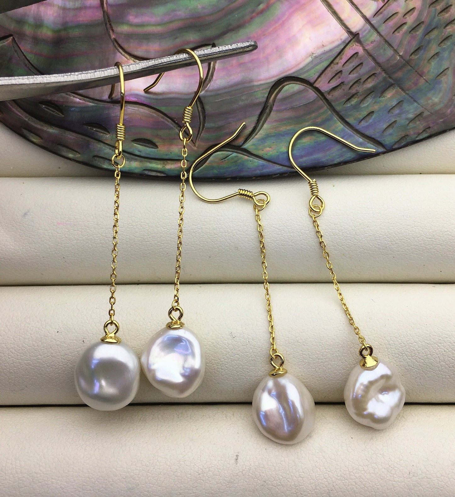 AAA 10-11mm White Keshi pearl Tassels dangle earrings, 925 Sterling Sliver Gold Plated pearl earrings,pearl for women,SE3-009