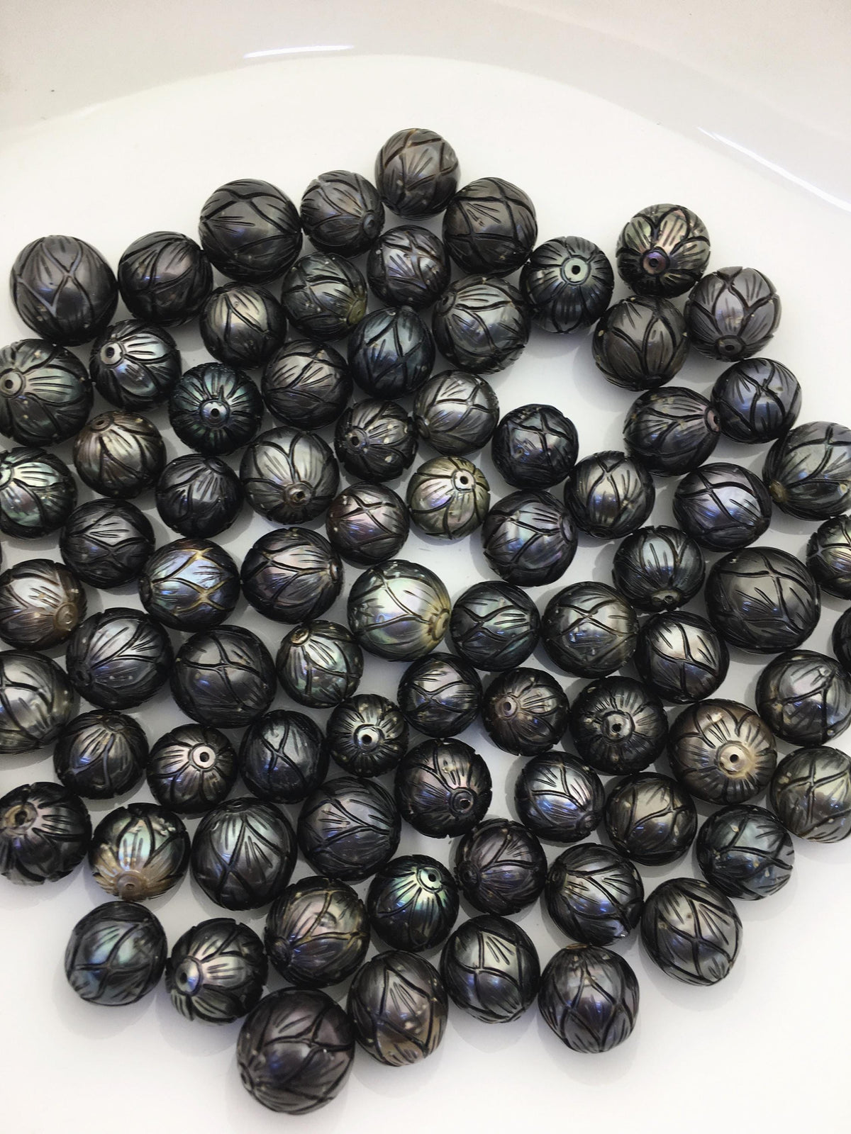 1 pc AA 10-15mm Near Round Carved Tahitian Pearl - Hand Carved - Tattoo Tahitian Pearls,through hole, carved pearls,CAC-FLW-9-4