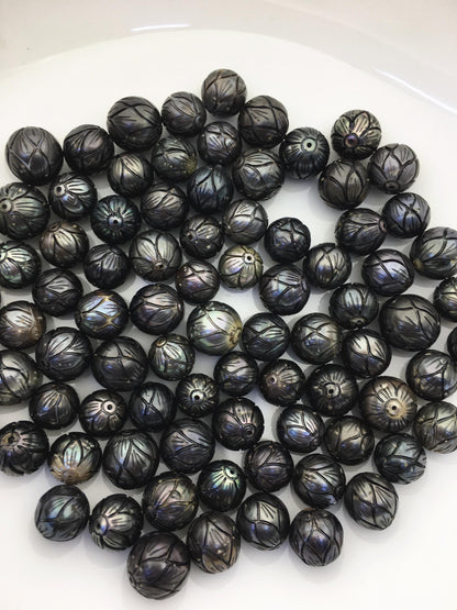 1 pc AA 10-15mm Near Round Carved Tahitian Pearl - Hand Carved - Tattoo Tahitian Pearls,through hole, carved pearls,CAC-FLW-9-4