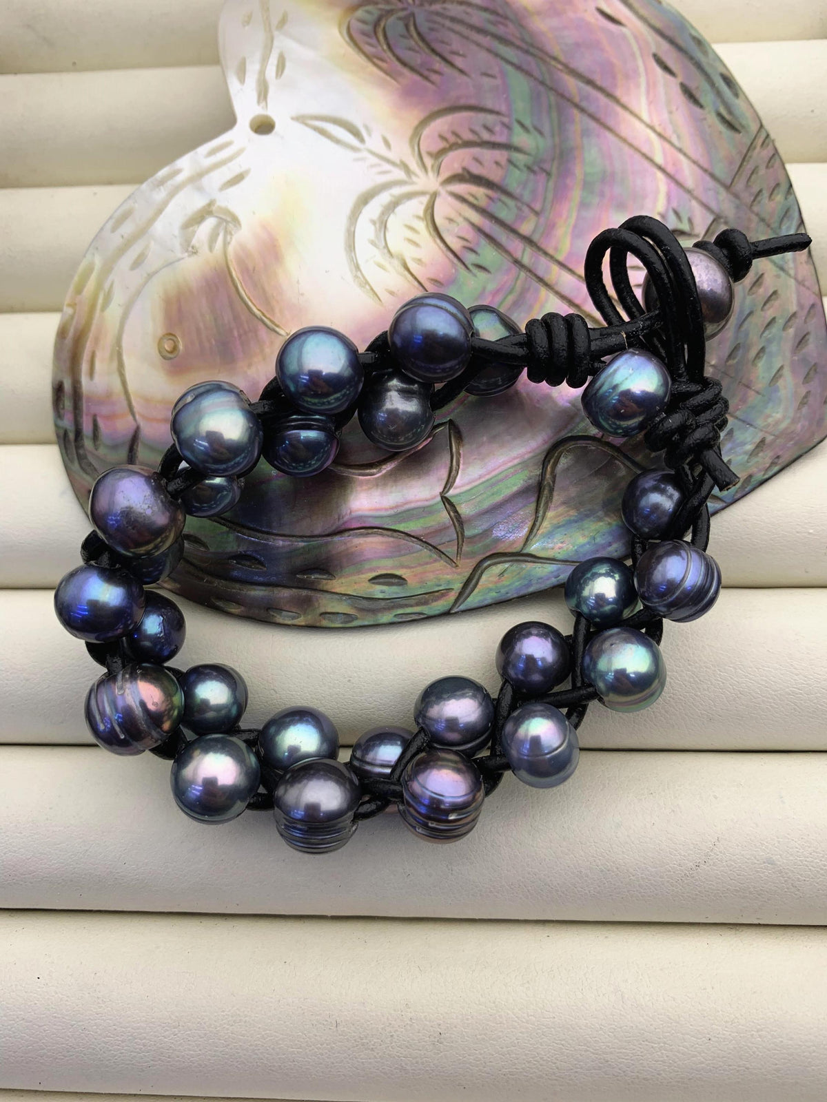 Two rows blue pearl bracelet,Leather Pearls Bracelet, Handmade Cuff,White Pearls on Brown Leather,Black leather bracelet,Le7-096
