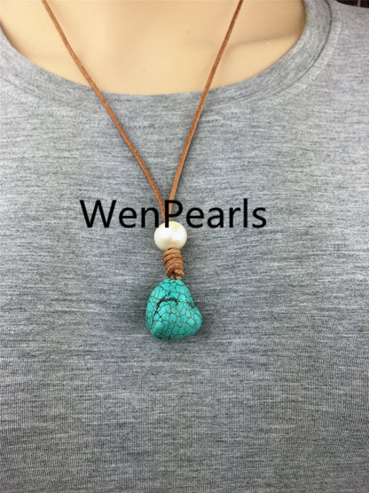 Turquoise gemstone leather necklace,knotted pearls,handmade pearl necklace,pearl necklace,necklace,Le1-008