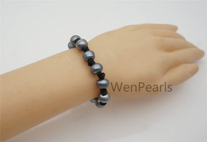 Big Deep Blue Button Round Pearls leather bracelet,Select Length,Select leather color,Handmade Cuff,Le7-140