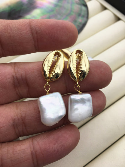 AAA square baoruqe pearl gold shell stud earrings,wedding pearl earrings,SE3-131-21