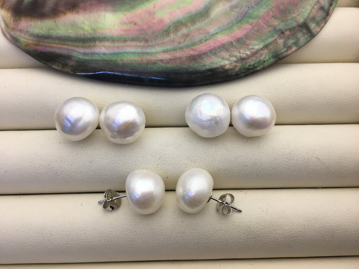 AAA 13-13.5mm big white wrinkled skin baroque button round Pearl Stud Earrings,SE1-069-15
