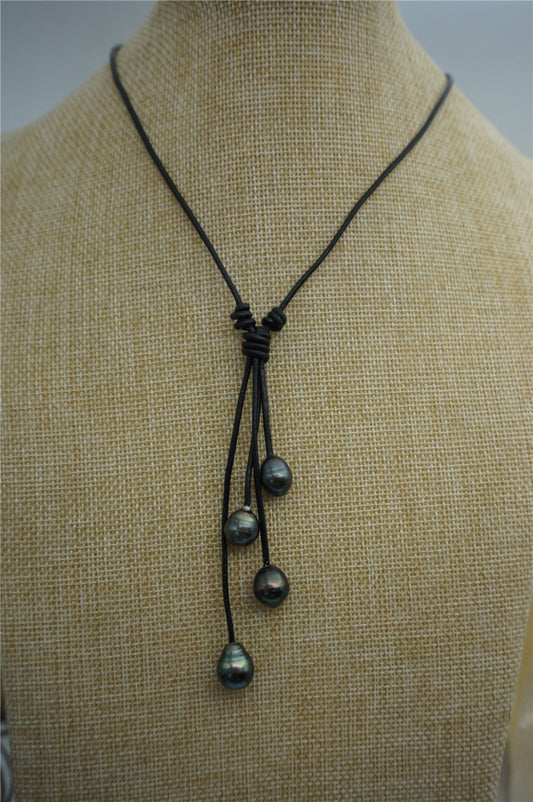 30% OFF,Tahitian pearl neklace,Pearl and Leather Lariat Necklace,Light Brwon Leather Pearl necklace,Sea pearl,Black pearl necklace,Le11-006