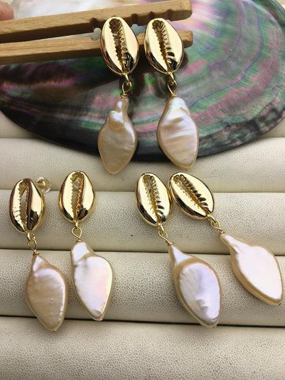 AAA big natural rainbow keshi baroque freshwater pearl gold shell stud earrings,wedding pearl earrings,SE3-131-78