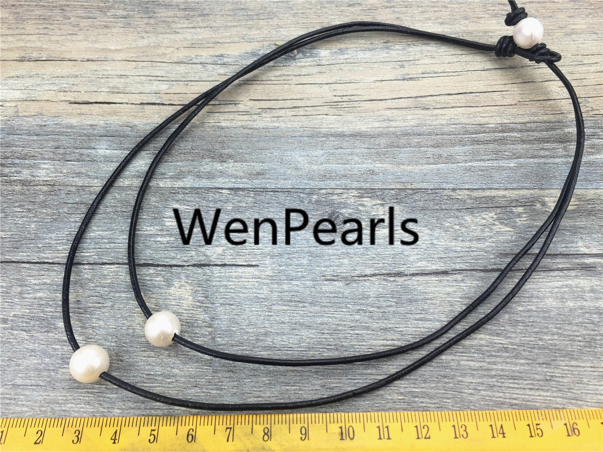 2 rows pearl necklace,Leather Necklace,9-10mm round pearl,High Luster pearl, Pearl Leather Necklace,Black Leather Pearl necklace,Le1-047