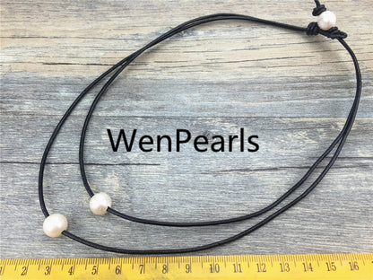 2 rows pearl necklace,Leather Necklace,9-10mm round pearl,High Luster pearl, Pearl Leather Necklace,Black Leather Pearl necklace,Le1-047